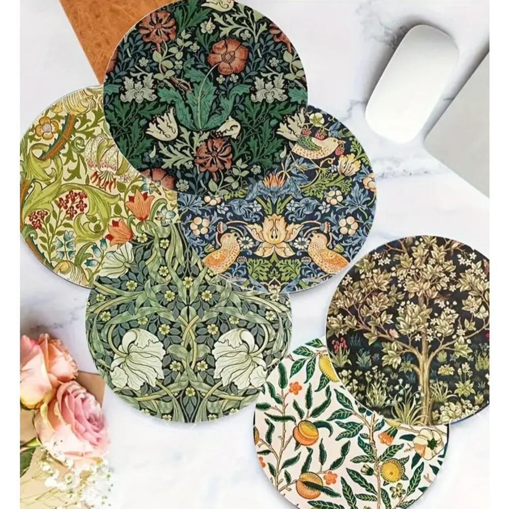 6 William Morris Print Wooden Coasters 4" Upcycled Cork Back Floral Victorian